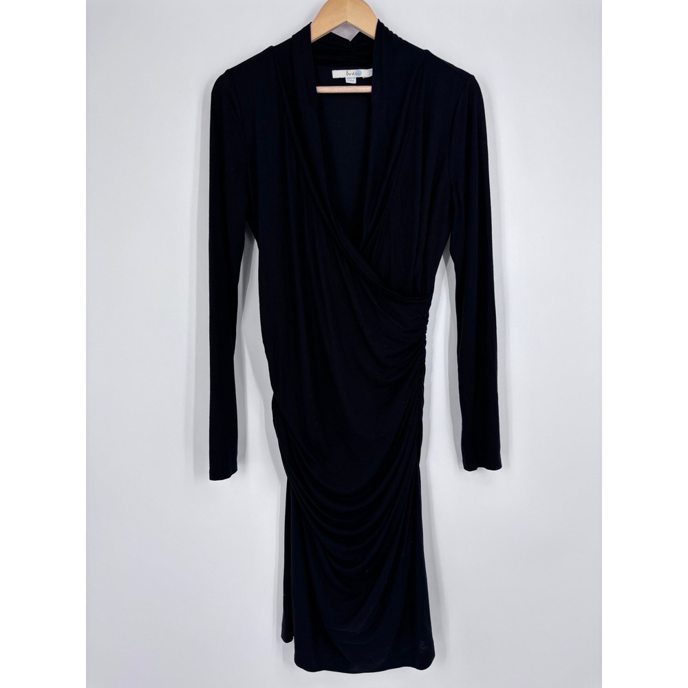 Boden Ruched Wrap Dress Womens 8R Black Drape Surplice V-Neck Sheath Wool Blend